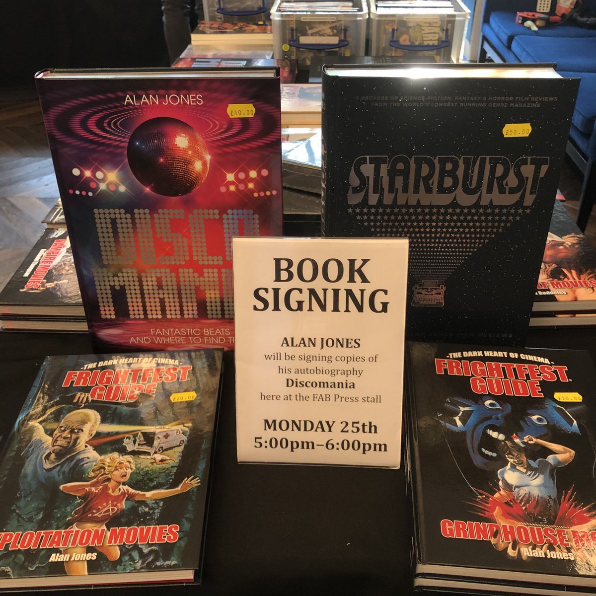 FAB_Press's tweet photo. Day 5 of FrightFest 2025 features the 4th and final book signing of the weekend. Author Alan Jones will be signing copies of his epic autobiography Discomania (plus other books of Alan’s inc. Starburst and his FrightFest Guides). 5:00pm-6:00pm, upstairs Odeon Leicester Square. https://t.co/zKGH5m843H