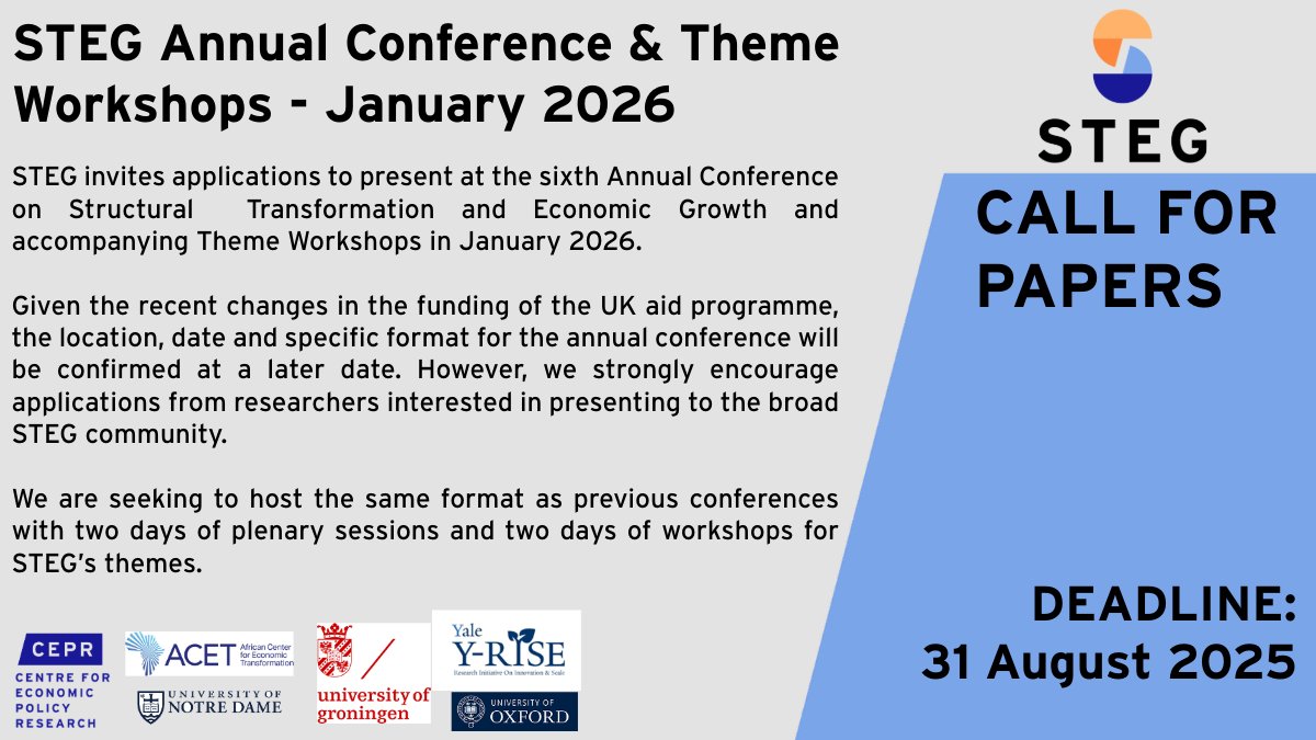 🚨Week before the deadline‼️
🙌Send us your best Macrodevelopment papers! 

STEG Annual Conference &amp; Theme Workshops, January 2026 — big ideas, great discussions, and a bonus point: secret location🌍🤫

Deadline: 31 August 2025 → How to apply👇
ow.ly/Gkvv50WEtsi
<a href="/cepr_org/">CEPR</a>