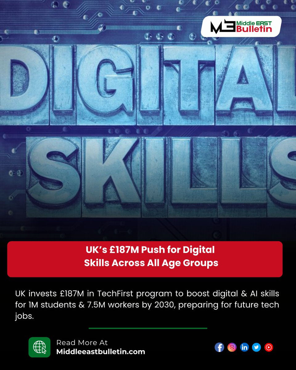 Midleeastbull18's tweet image. The UK launches £187M TechFirst program to train 1M students &amp;amp; 7.5M workers in AI &amp;amp; digital skills by 2030. Preparing for tomorrow&apos;s tech jobs today! #DigitalSkills #AI #TechFirst