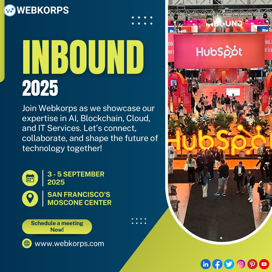 webkorpsllc's tweet image. 🚀 WebKorps is heading to #INBOUND2025 at San Francisco’s Moscone Center (3-5 Sept)! 🌐✨
Let’s connect & explore the future of tech together.
🔗 Book a meeting 👉 webkorps.com/event/inbound
#HubSpotINBOUND #DigitalTransformation #AI #Cloud #Blockchain #TechForGrowth