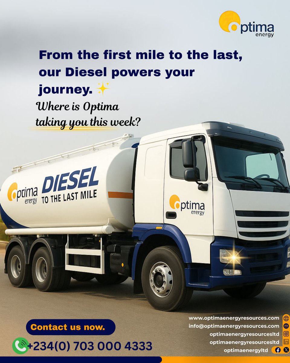 Fuel your Monday with reliable energy that takes you farther. 

At Optima Energy, our Diesel is trusted to power businesses and reach the last mile. 

#OptimaEnergy 
#diesel
#PoweringTheFuture
#Newweek