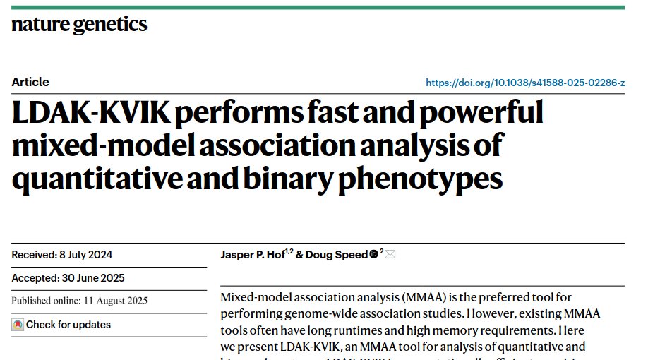LDAK-KVIK is our new tool for mixed-model association analysis (MMAA) of quantitative and binary traits. LDAK-KVIK has the power of BOLT-LMM, but the computational demands of REGENIE. See the tweets below for more information.