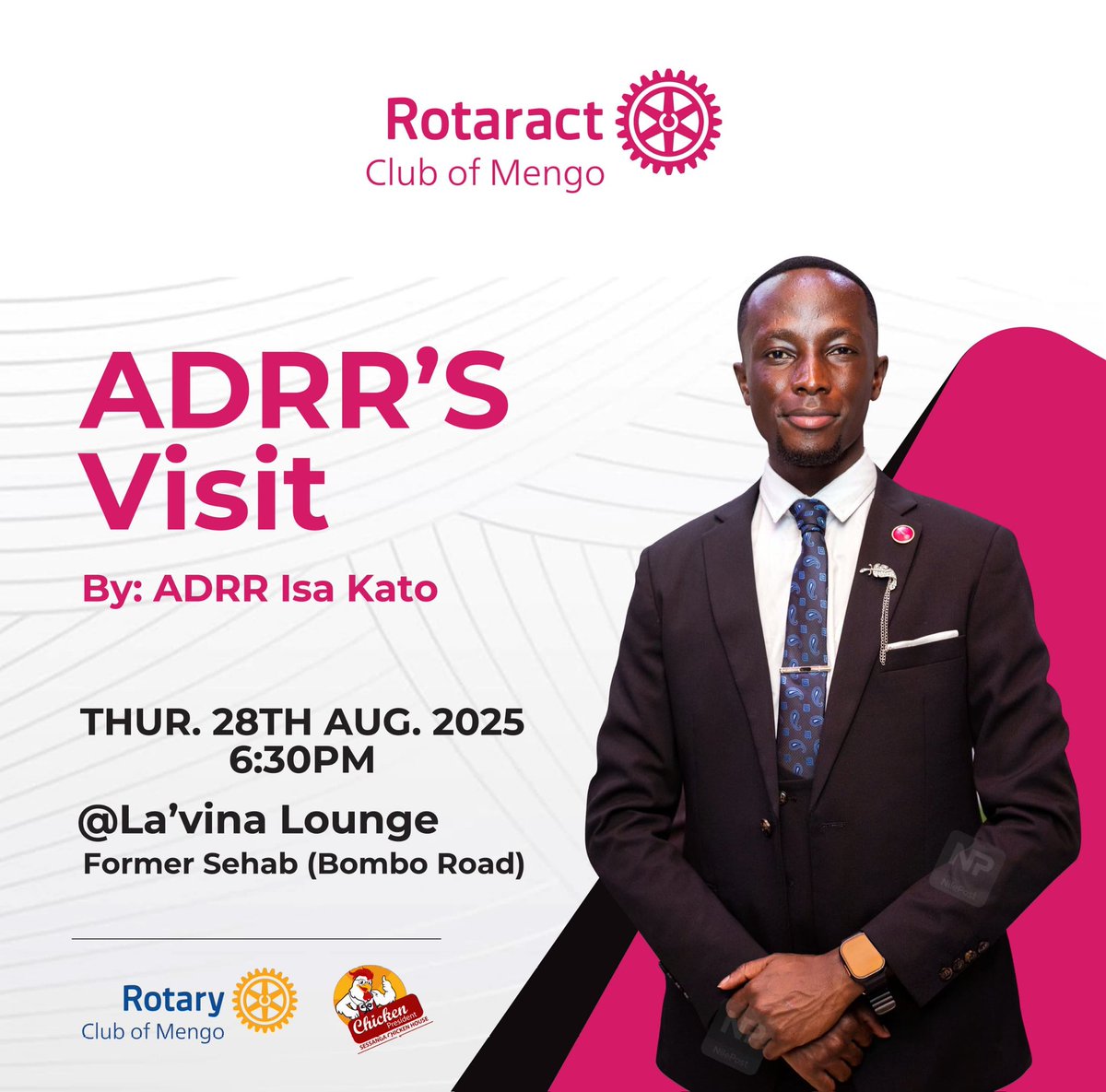 👑✨ ROYAL INVITE! ✨👑

The Royals host the official ADRR Visit as Isa Kato graces the Rotaract Club of Mengo with wisdom &amp; inspiration! 🌟💡

📅 Thu, 28 Oct 2025
📍 Lavina Lounge
⏰ 6:30 PM EAT

Red carpet awaits. Don’t miss it! 🎉

#TheRoyals #PeopleOfAction #ADDRVisit
