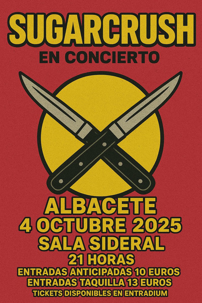El conciertazo del que todo el mundo hablará en La Mancha 🎊
Hace mil que no estamos por Albacete. 

Concretamente desde el 2018 cuando estábamos empezando con este sarao llamado Sugarcrush.

Pero por fin ha llegado el momento.

🎟️Tickets en <a href="/entradium/">entradium</a>
entradium.com/events/sugarcr…