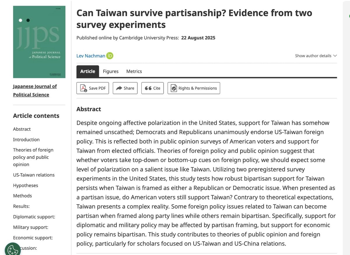 I am very happy to share my newest solo-authored peer-reviewed article: “Can Taiwan survive partisanship? Evidence from two survey experiments” available to read for free in <a href="/JJPS_Eds/">jjps_eds</a>: 

cambridge.org/core/journals/…