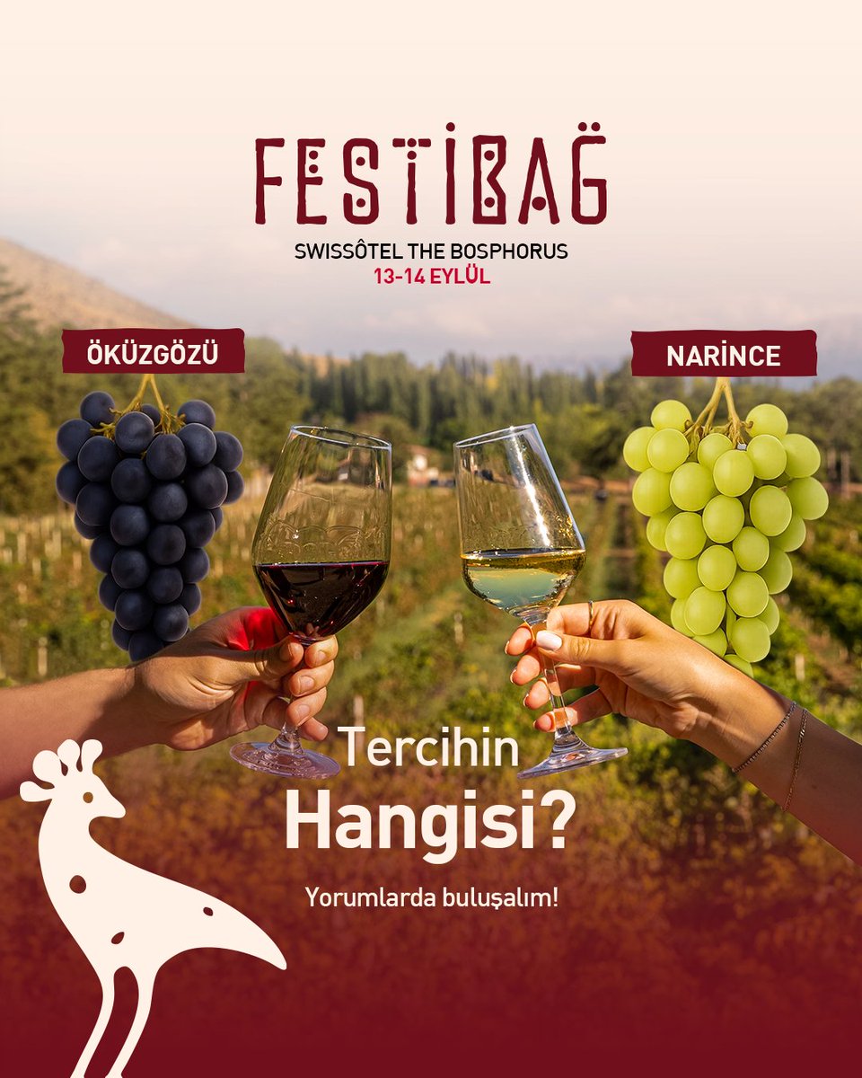 Her damlada bağın hikâyesi, her yudumda yeni bir deneyim… 🍇✨

Festibağ’da bu yıl Öküzgözü’nün güçlü karakteri mi, yoksa Narince’nin zarif tazeliği mi sana daha yakın olacak?

✨ 13-14 Eylül’de Swissôtel The Bosphorus’ta buluşuyoruz.

#Festibağ #BağımızVar #BağımızdaFestivalVar