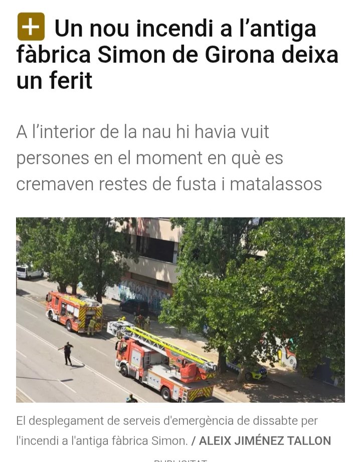 Aquesta fàbrica havia de ser un institut. Ara és un escape room de foc i matalassos cremats. <a href="/Girona_Cat/">Ajuntament de Girona</a> segueix perfeccionant l’art de no fer res. 👏🔥 #Girona #SimonGirona #UrbanismeFail #Vergonya #Incendi <a href="/tv3cat/">TV3 és ara @Som3Cat</a> <a href="/elperiodico_cat/">El Periódico</a> <a href="/DiariGirona/">Diari de Girona</a> <a href="/alcaldegi/">Alcalde de Girona</a>
<a href="/Girona_Cat/">Ajuntament de Girona</a>