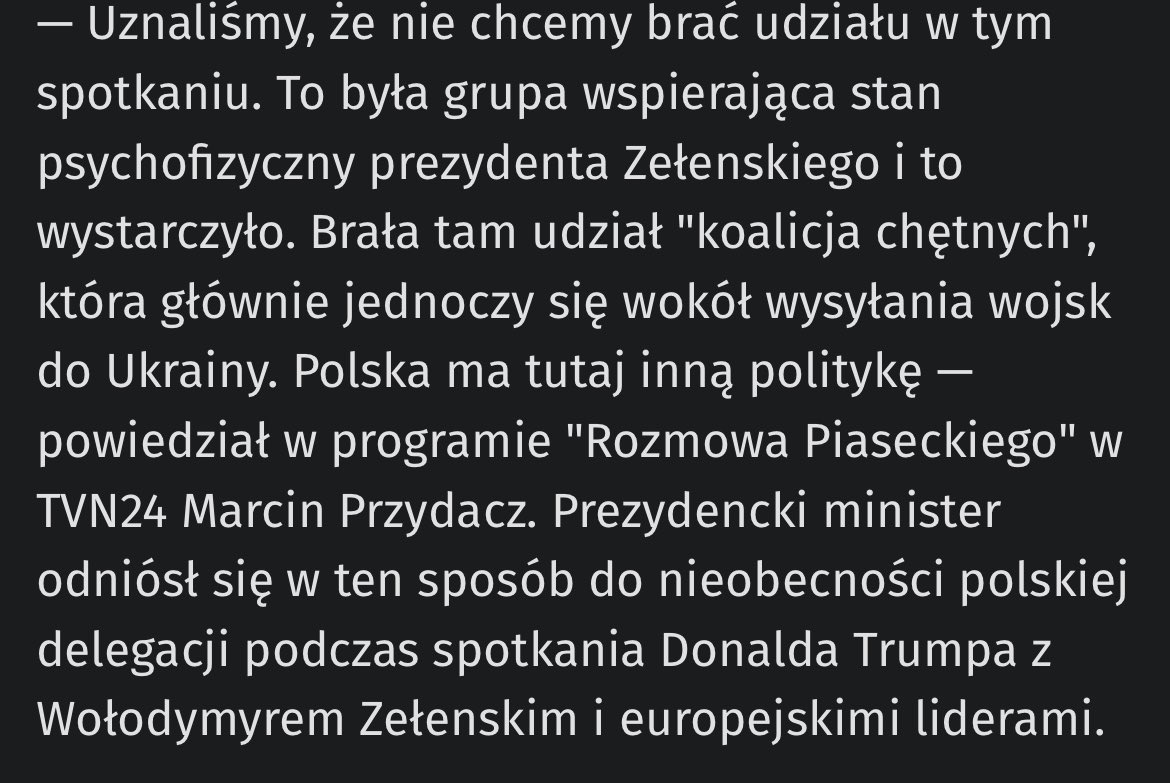 Ewa Polska 🇪🇺🏳️🌈🇵🇱⚡️ (@ewa04059325) on Twitter photo No i proszę. <a href="/marcin_przydacz/">Marcin Przydacz</a> potwierdził, że <a href="/NawrockiKn/">Karol Nawrocki</a> sam zrezygnował z wizyty u Trumpa w tamtym tygodniu. Oczywiście przy okazji kłamie, że była to wizyta „koalicji chętnych”, którzy chcą wysłać wojska do Ukrainy. To kłamstwo, bo np. Meloni nie wysyła wojsk.
1/ No i proszę. <a href="/marcin_przydacz/">Marcin Przydacz</a> potwierdził, że <a href="/NawrockiKn/">Karol Nawrocki</a> sam zrezygnował z wizyty u Trumpa w tamtym tygodniu. Oczywiście przy okazji kłamie, że była to wizyta „koalicji chętnych”, którzy chcą wysłać wojska do Ukrainy. To kłamstwo, bo np. Meloni nie wysyła wojsk.
1/