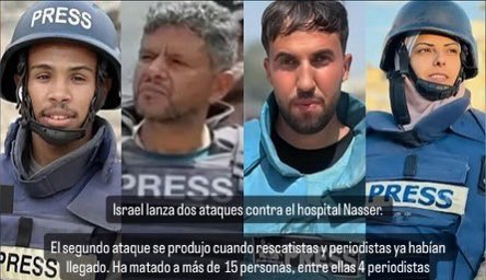 olgarodriguezfr's tweet photo. Israel ataca el hospital Nasser, Gaza. El segundo ataque se produjo cuando ya habían llegado rescatistas y periodistas.
Mata a 15 personas, 4 periodistas:
Hossam al-Masri (Reuters), Mohammed Salama (Al Jazeera), la reportera Mariam Abu Daqa (freelance) y Moaz Abu Taha (NBC) https://t.co/ufgq3GOQQz