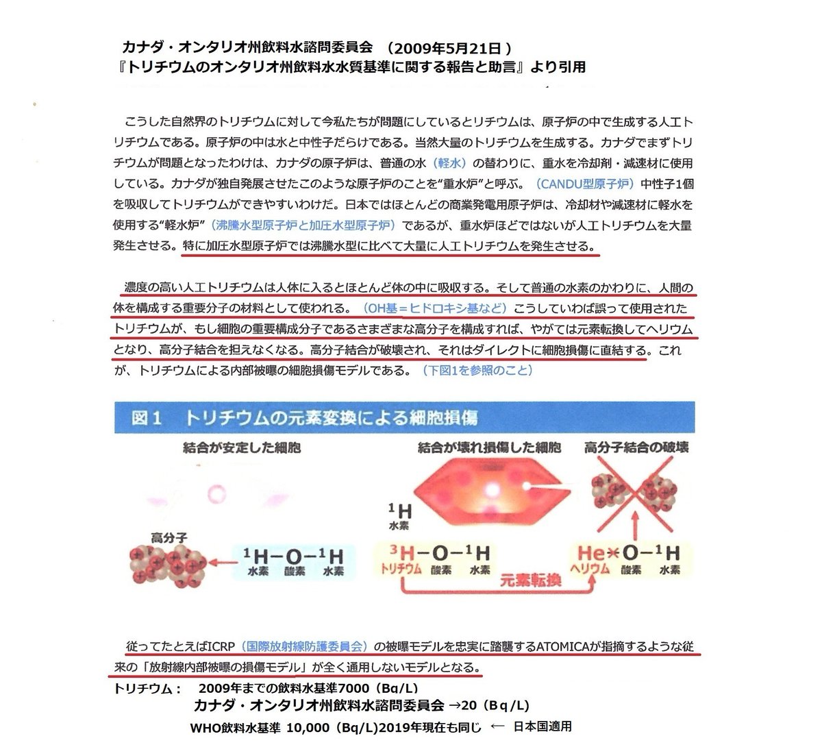 トリチウムだけ放出してるわけじゃないからね。
東電基準700Bq/L未満でWHO「科学根拠もない基準」10,000Bq/Lよりはるかに低い濃度です。ニュースで強調して流れてた。無知な人は騙される。
カナダオンタリオ州2009年のトリチウムの危険要因、諮問委員会の報告書も公表しろって話です。