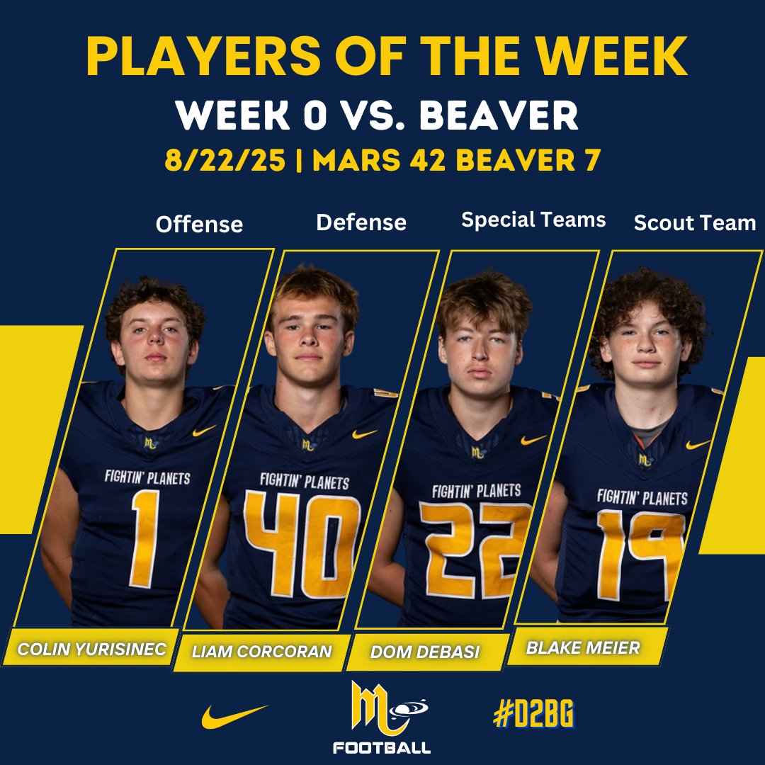 Congrats to our Players of the Week from our Week 0 win vs. Beaver: <a href="/ColinY_2/">ColinYurisinec</a> , <a href="/Liamcorc28/">Liam Corcoran</a> , <a href="/Dominic_DeBasi/">Dominic DeBasi</a> and <a href="/Blake41029Meier/">Blake meier</a> 

👏👏👏👏

#D2BG 👽🏈💪