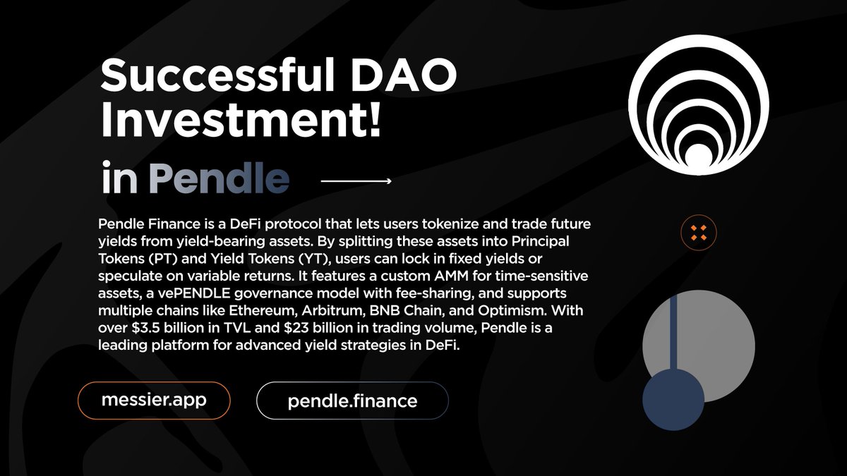 M E S S I E R | VirgoDAO

We’re excited to announce that a 8.7 $ETH ($40,000) investment in $PENDLE has received approval from our 'Halo' voters! ✔️

Thanks to our fully automated DAO, the investment has been successfully executed, and all staking rewards have been distributed to