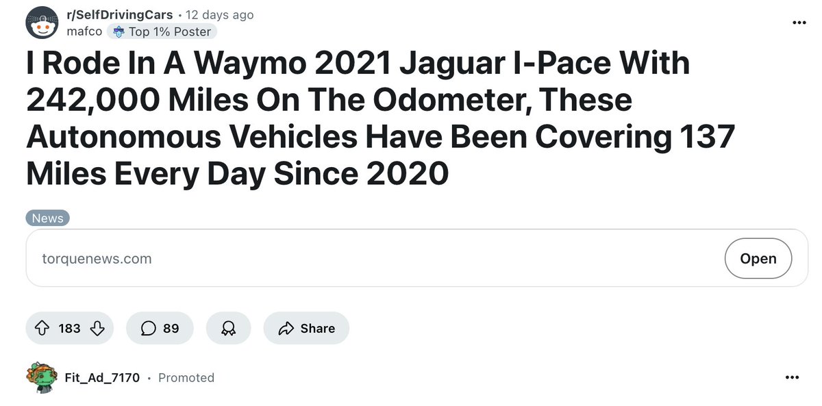autofleet_io's tweet image. Over on Reddit, one user reported riding a 2021 @Waymo Jaguar I-Pace with 242,000 Miles on the odometer!

This is, of course, anecdotal, but it is evidence of why the future of sustainability is in fleets that can maximize utilization. Fleets that can provide sustainable…