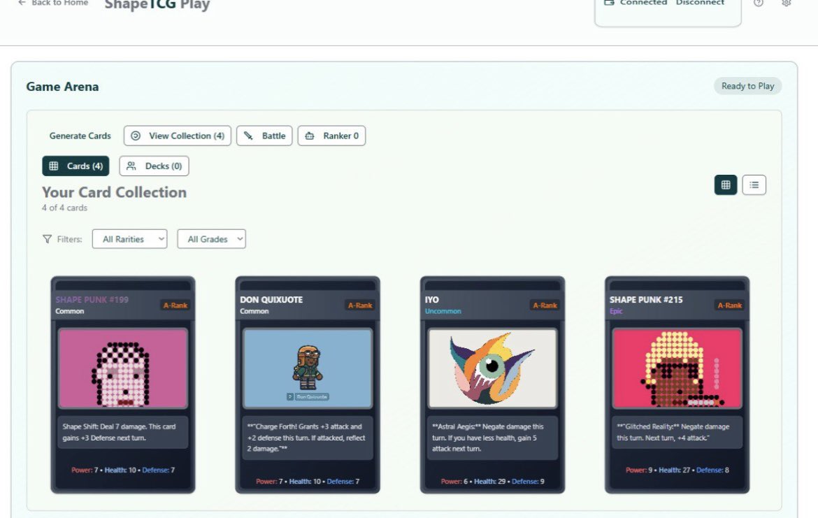 This past weekend I jump into another fun hackathon by <a href="/Shape_L2/">Shape</a> . I figured
I’ll create something that is open and engaging for all corners of shape. 

shapetcg.vercel.app uses ai to turn your NFTs into play/trade cards that will be minted on chain/generate cards!
