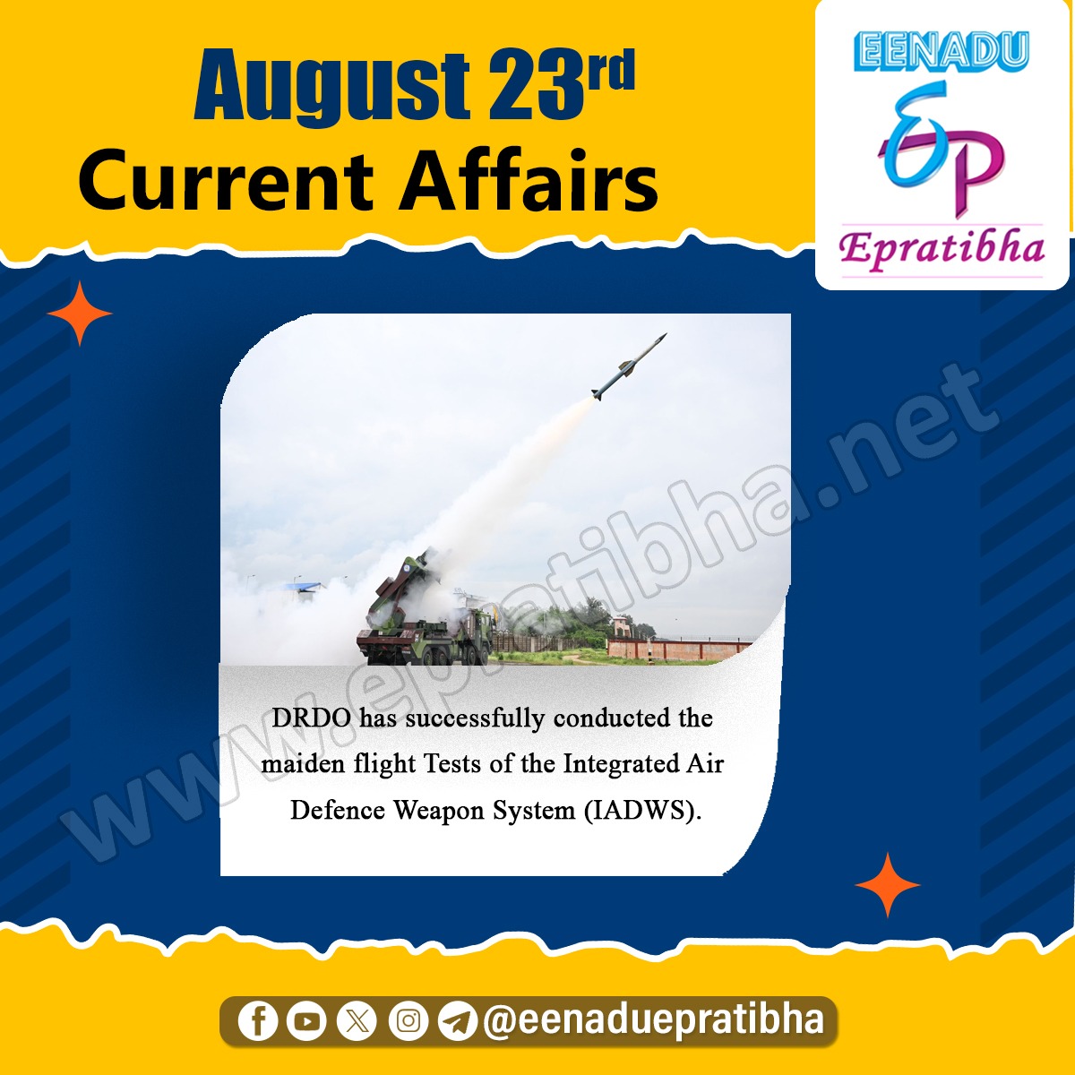 eenaduepratibha's tweet image. August23rd Current Affairs
visit: epratibha.net                      #nationalspaceday #indiafishproduction #flighttests #cooperationagreement #championship #donaldtrump #centralgovernmentjobs #appsc #upsc #tspsc #police #ssc #eenadu #epratibha #eenaduepratibha