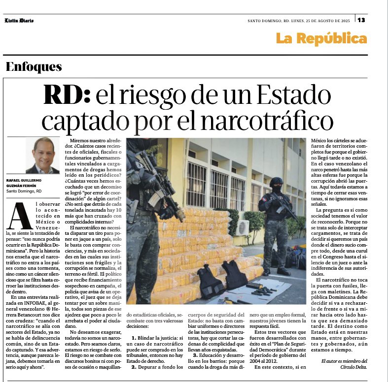 Invito a leer nuestro análisis publicado en el <a href="/ListinDiario/">LISTÍN DIARIO</a> (versión impresa) donde hago una advertencia ⚠️ sobre el riesgo que corremos si no actuamos a tiempo como sociedad ante narcotráfico, pues en México se adueñaron de territorios, porque el Estado llegó tarde; en