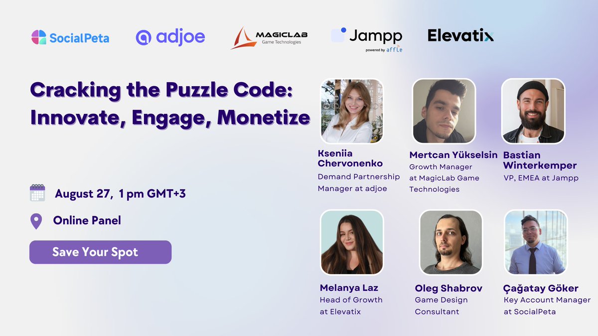 🎮[Online Panel] Cracking the Puzzle Code: Innovate, Engage , Monetize

📢 Webinar w/ experts from <a href="/SocialPeta/">SocialPeta</a> , adjoe, Elevatix, <a href="/jampp/">Jampp</a>  &amp; MagicLab
📅 Aug 27, 2025 | 🕐 1 PM GMT+3
🔗 Save your spot: socialpeta.com/webinars/crack…

#PuzzleGames #MobileGaming