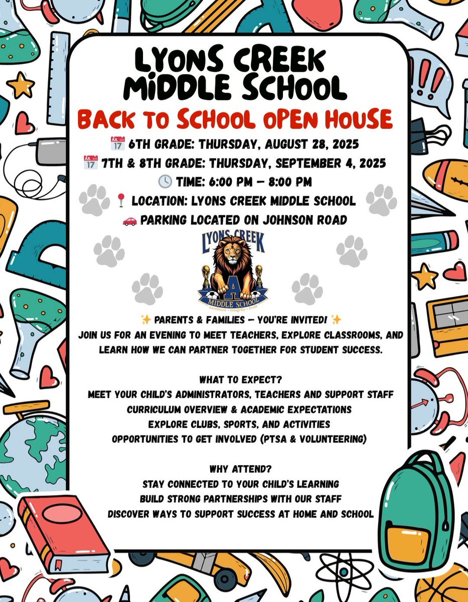 LCMS_MS's tweet image. It’s time, 🦁! 6th Grade Open House is this Thursday, Aug. 28 | 6–8 PM 🎉Come meet teachers, explore classrooms, and join our PTSA🐾💙 #lionsPride #goalgetters #NoPlaceLikeLyonsCreek @lcms_principal @AP_NEWELL
@TraciAveni @DoryVegaRodrig1@bcpsnorthregion