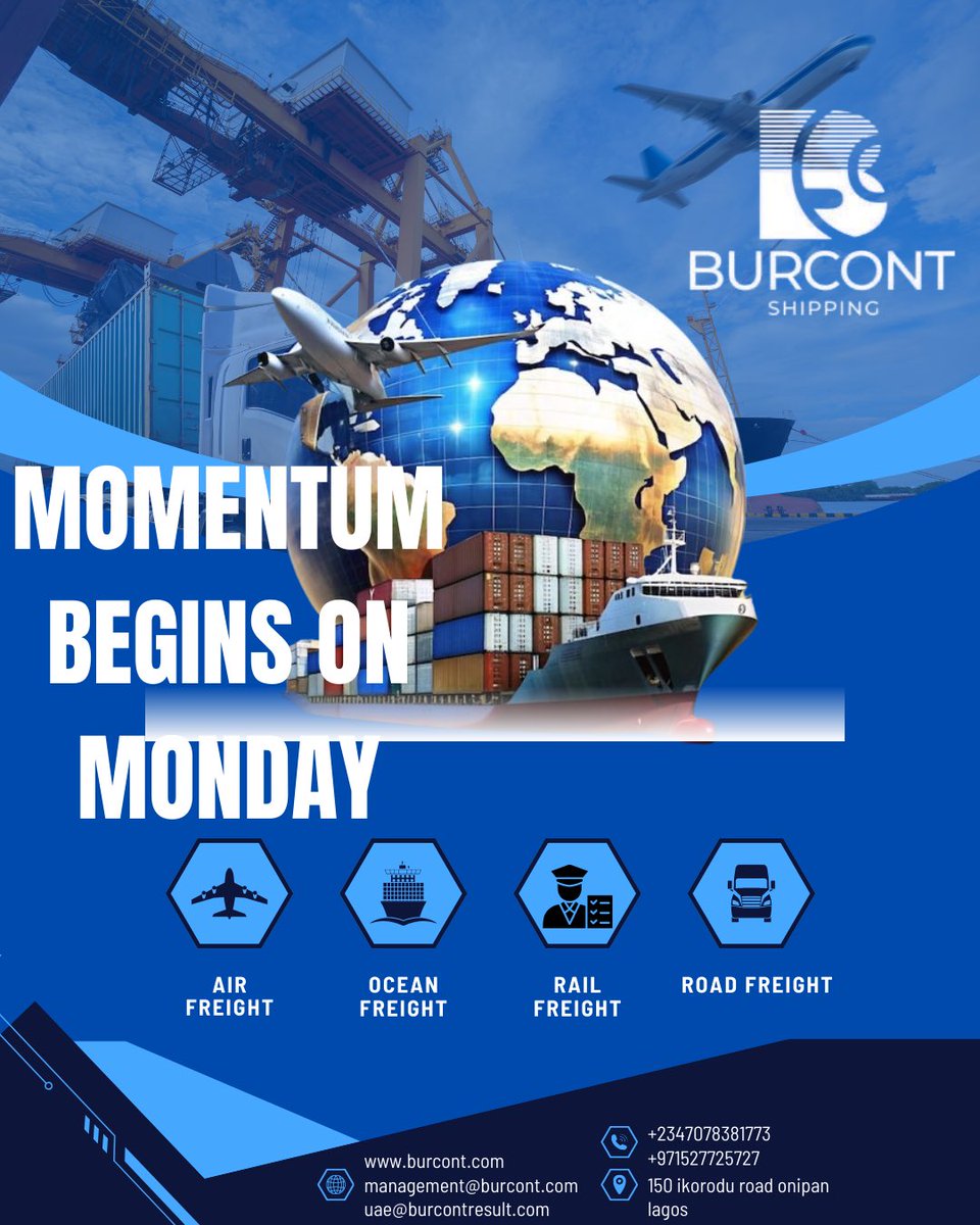 BurcontL's tweet photo. Kickstart your week with unstoppable momentum! At Burcont Shipping, we move your world—by air, sea, rail, and road. Let’s make Monday count! 🚢✈️🚛 #GlobalLogistics #BurcontShipping #MomentumMonday https://t.co/OPPhRkWTXr