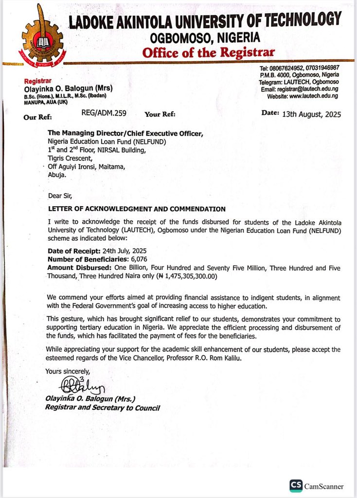 Disbursement Announcement

We are pleased to announce the disbursement of ₦1,475,305,300.00 to 6,076 beneficiaries at Ladoke Akintola University of Technology (LAUTECH), Ogbomoso.

This disbursement underscores our continued commitment to supporting educational institutions and