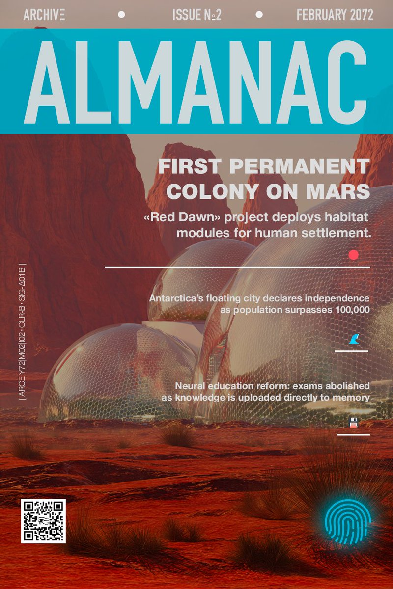 JeffreyTonado's tweet photo. ALMANAC Issue №2
February 2072 

The first permanent colony on Mars
Is this expansion — or exile?

📂 [ARCΞ Y72|M02|I02 ◦ CLR-B ◦ SIG-Δ01B] 

#ALMANAC #futurearchive #Mars #AI https://t.co/PCf7Heq8Ab