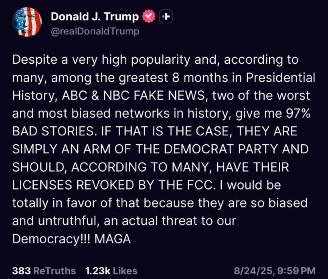 Představte si, že by P. Fiala nebo P. Pavel vyzvali k odebrání licence Prima CNN, protože o nich vysílá negativní zprávy. Nepředstavitelné. Přesně to teď udělal Trump vůči televizím ABC a NNC. Přesto od všech 'obhájců svobody slova' bude ticho a Trump pro ně bude dál hrdinou.