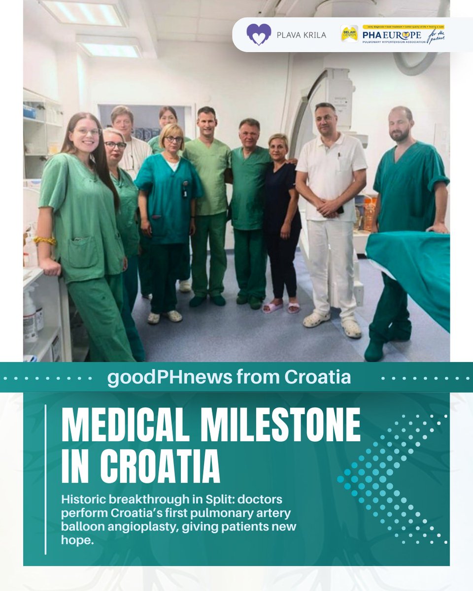 EuropePHA's tweet photo. 💙 goodPHnews – Croatia’s First Balloon Pulmonary Angioplasty
On August 10, 2025, KBC Split achieved a milestone—Croatia’s first balloon pulmonary angioplasty (BPA) for patients with chronic thromboembolic pulmonary hypertension (CTEPH). Led by Dr. Mislav Lozo...⤵️ https://t.co/N085lu9SHZ