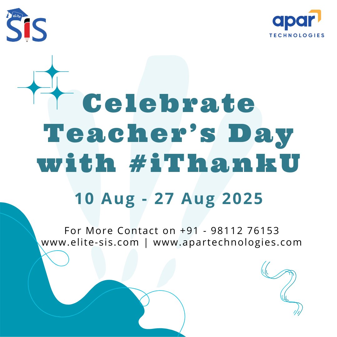 eLite_SIS's tweet image. iThankU – A Heartfelt Salute to Teachers | Powered by #eLiteSIS
We’ve already received over 5,000 entries—don’t miss your chance to join this wave of gratitude!

Final Deadline: 27th August 2025
Queries: sisinfo@apar.com | 9811276153

#iThankU #DigitalTribute #TeachersDay