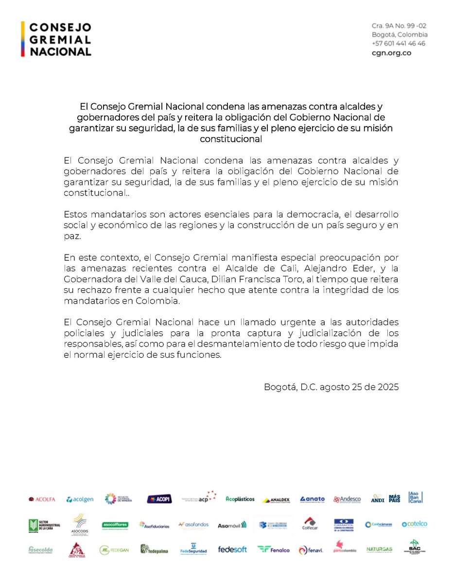 Consejo Gremial (@consejogremial) on Twitter photo El <a href="/ConsejoGremial/">Consejo Gremial</a> condena las amenazas contra alcaldes y gobernadores del país y reitera la obligación del Gobierno Nacional de garantizar su seguridad, la de sus familias y el pleno ejercicio de su misión constitucional El <a href="/ConsejoGremial/">Consejo Gremial</a> condena las amenazas contra alcaldes y gobernadores del país y reitera la obligación del Gobierno Nacional de garantizar su seguridad, la de sus familias y el pleno ejercicio de su misión constitucional
