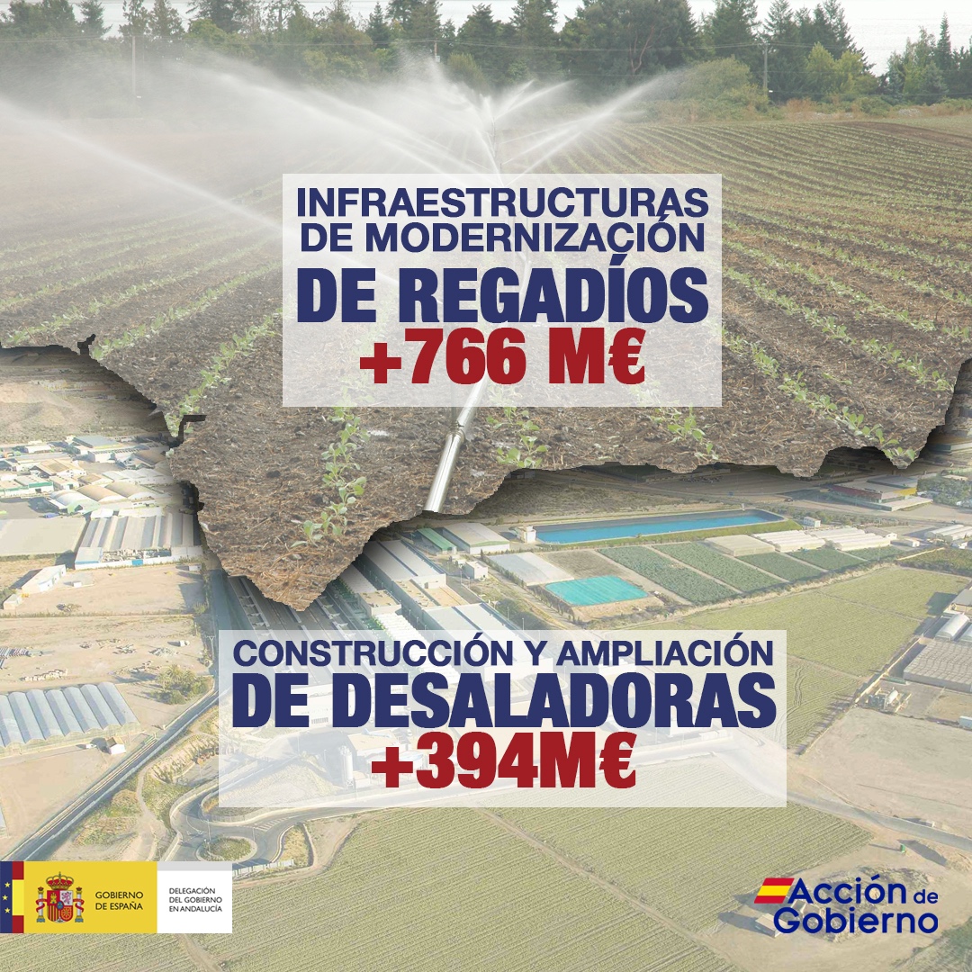 Delegación del Gobierno en Andalucía (@dgobandalucia) on Twitter photo 🔊La inversión del Gobierno 🇪🇸 para modernización de regadíos en #Andalucía supera los 760M€
➕Obras del <a href="/mitecogob/">Transición Ecológica y Reto Demográfico</a> de desalación= 394,74 M€
<a href="/PedroFdezGob/">Pedro Fernández</a> 🗣️"Las obras dotan a la comunidad de infraestructuras que palien las consecuencias de la falta prolongada de lluvias" 🔊La inversión del Gobierno 🇪🇸 para modernización de regadíos en #Andalucía supera los 760M€
➕Obras del <a href="/mitecogob/">Transición Ecológica y Reto Demográfico</a> de desalación= 394,74 M€
<a href="/PedroFdezGob/">Pedro Fernández</a> 🗣️"Las obras dotan a la comunidad de infraestructuras que palien las consecuencias de la falta prolongada de lluvias"