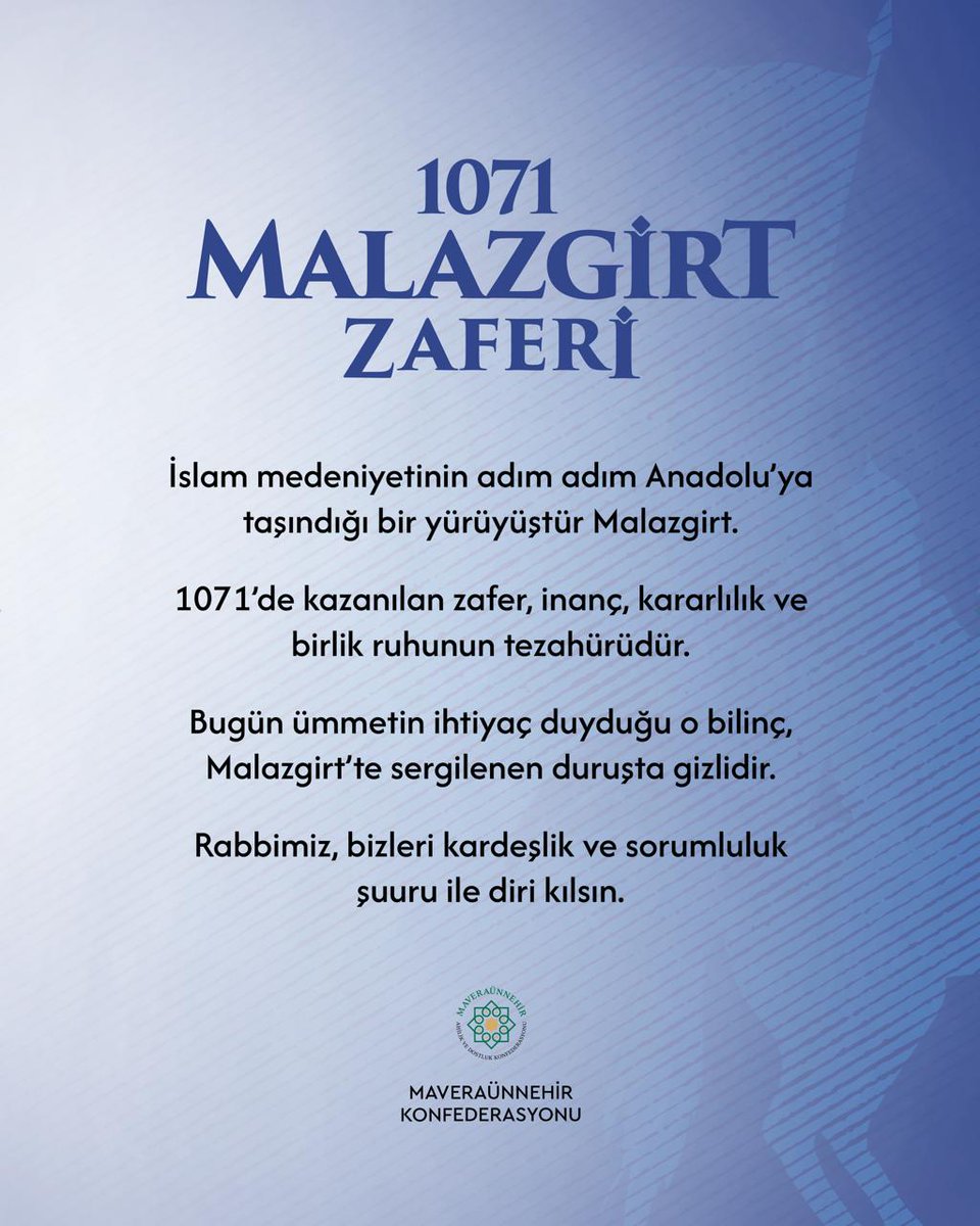 İslam medeniyetinin adım adım Anadolu’ya taşındığı bir yürüyüştür Malazgirt.

1071’de kazanılan zafer, inanç, kararlılık ve birlik ruhunun tezahürüdür.

Bugün ümmetin ihtiyaç duyduğu o bilinç, Malazgirt’te sergilenen duruşta gizlidir.

Rabbimiz, bizleri kardeşlik ve sorumluluk