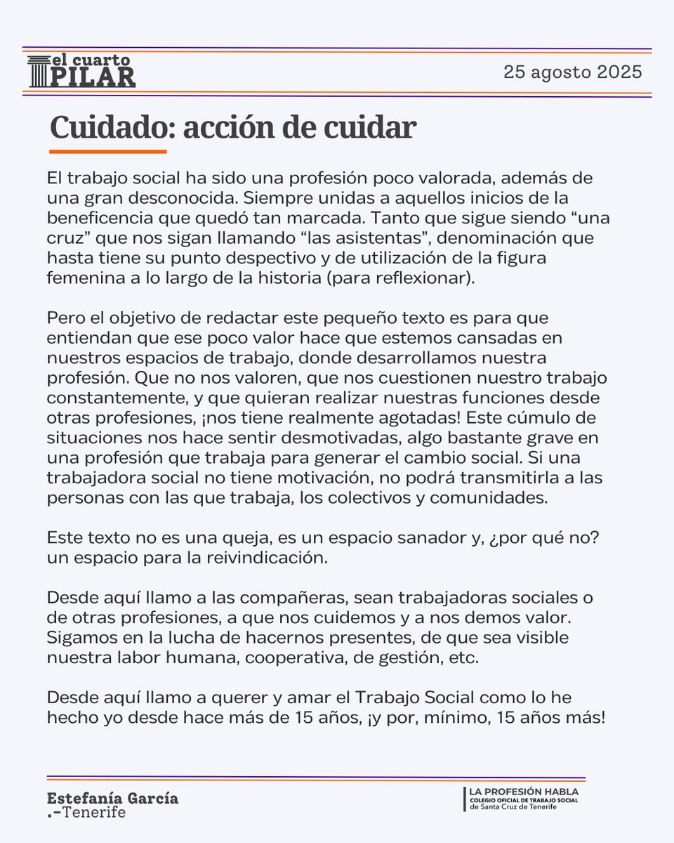 ✍️"Cuidado: acción de cuidar"

ℹ️ colegiotstenerife.org/noticia/el-cua…
.- Por Estefanía García
🏛️ | 𝐄𝐋 𝐂𝐔𝐀𝐑𝐓𝐎 𝐏𝐈𝐋𝐀𝐑