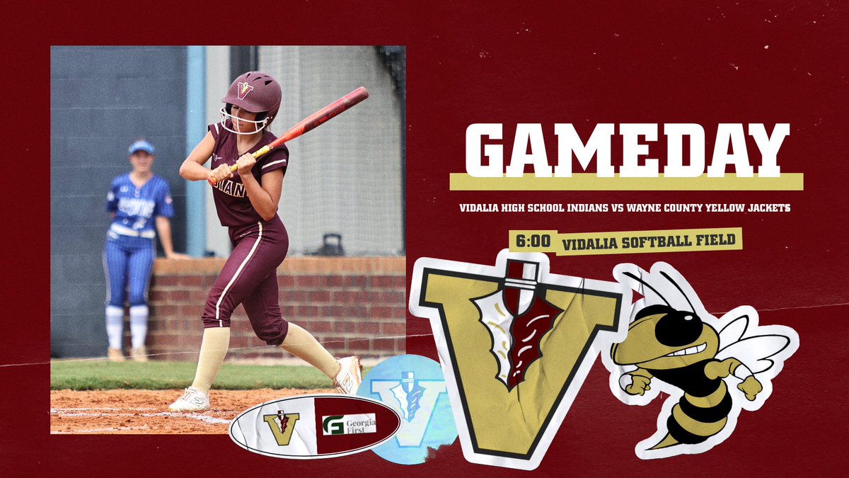 GAMEDAY! The Vidalia Indians take on Wayne County Yellow Jackets at home tonight. First pitch at 6:00 PM! Join us at the Vidalia Softball Field to cheer on our team! #VidaliaAthletics #IndianNation