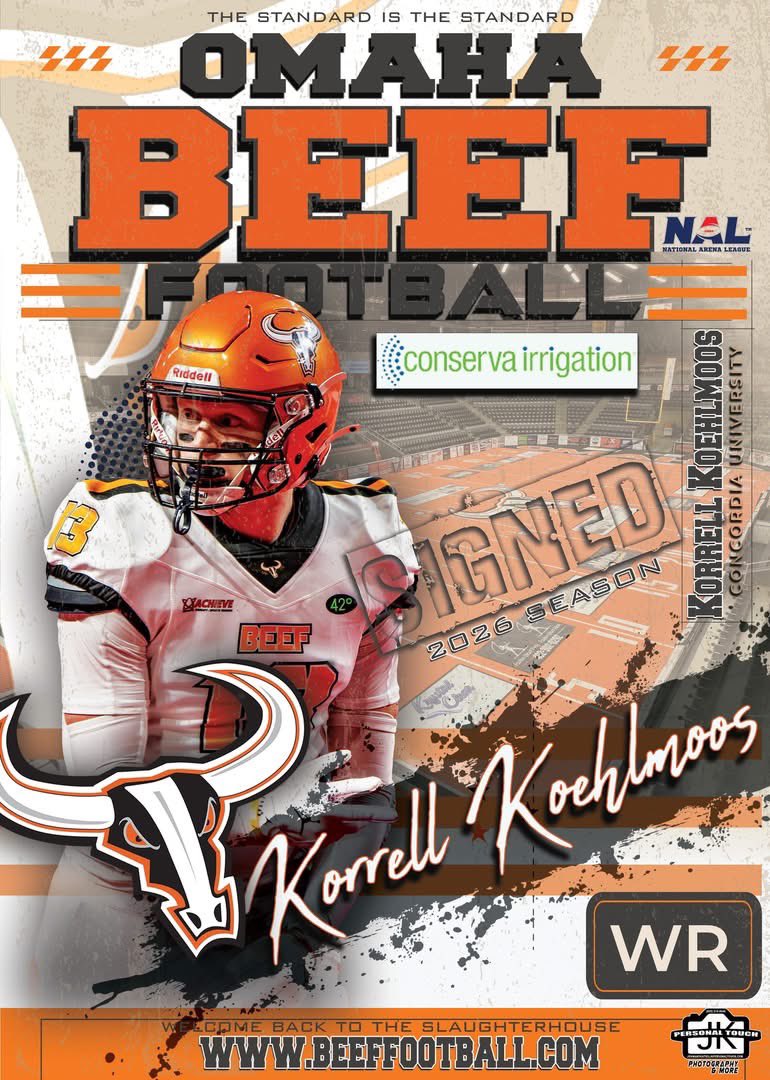 TheOmahaBeef's tweet photo. On behalf of Conserva Irrigation, we hope the NAL is ready! Returning to the Omaha Beef for 2026 is standout wide receiver, Korrell Koehlmoos! As a fan favorite, "Moose" is ready to assist the Omaha Beef family to a 6th consecutive championship game!
#GoBeef #thestandardisthestandard
#jkpersonaltouch #ConservaIrrigation