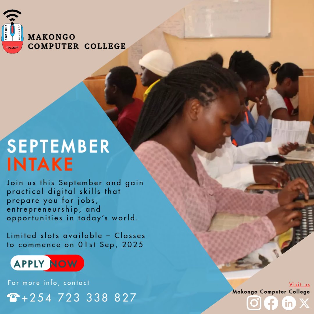 📢 September Intake is here! 
<a href="/MakongoCollege/">Makongo Computer College</a>  is enrolling for: 
💻 Computer Studies
🖥️ Graphic Design 
🌐 Web Design
📅 Classes start 01st Sep,2025 
📍 Mukuru kwa Rubenn, Nairobi
#EducationForAll #Mukuru
<a href="/makongocentre/">Makongo Compassion Centre</a> <a href="/MakongoCollege/">Makongo Computer College</a>