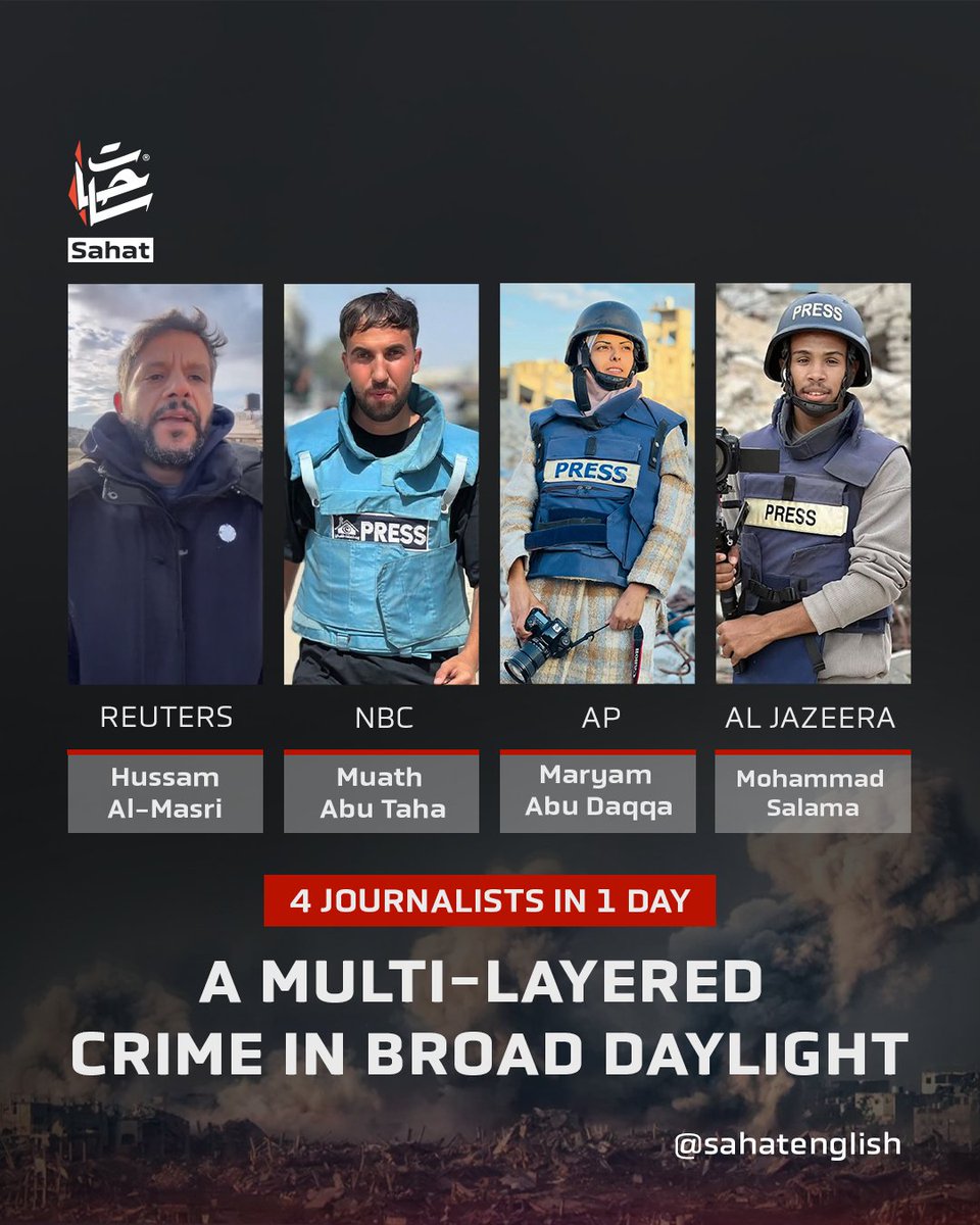 🔴 The death toll of journalists deliberately targeted and killed by the IOF has risen to 245, following the killing of 5 journalists at Nasser Hospital.

🔘 Hossam Al-Masri: Photojournalist with <a href="/Reuters/">Reuters</a>.
🔘 Mohamed Salama: Photojournalist with Al Jazeera (<a href="/AlJazeera/">Al Jazeera PR</a>).
🔘 Mariam