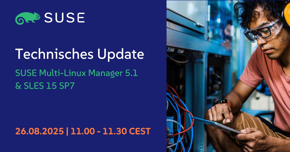 Nur 30 Minuten für mehr Effizienz! Melden Sie sich noch schnell für unser technisches Update am 26. August um 11:00 Uhr an und erhalten Sie alle Infos zu <a href="/SUSE/">SUSE</a> Multi-Linux Manager 5.1 und SUSE Linux Enterprise Server 15 SP7. okt.to/wK9XrT
#SUSE #OpenSource #Linux