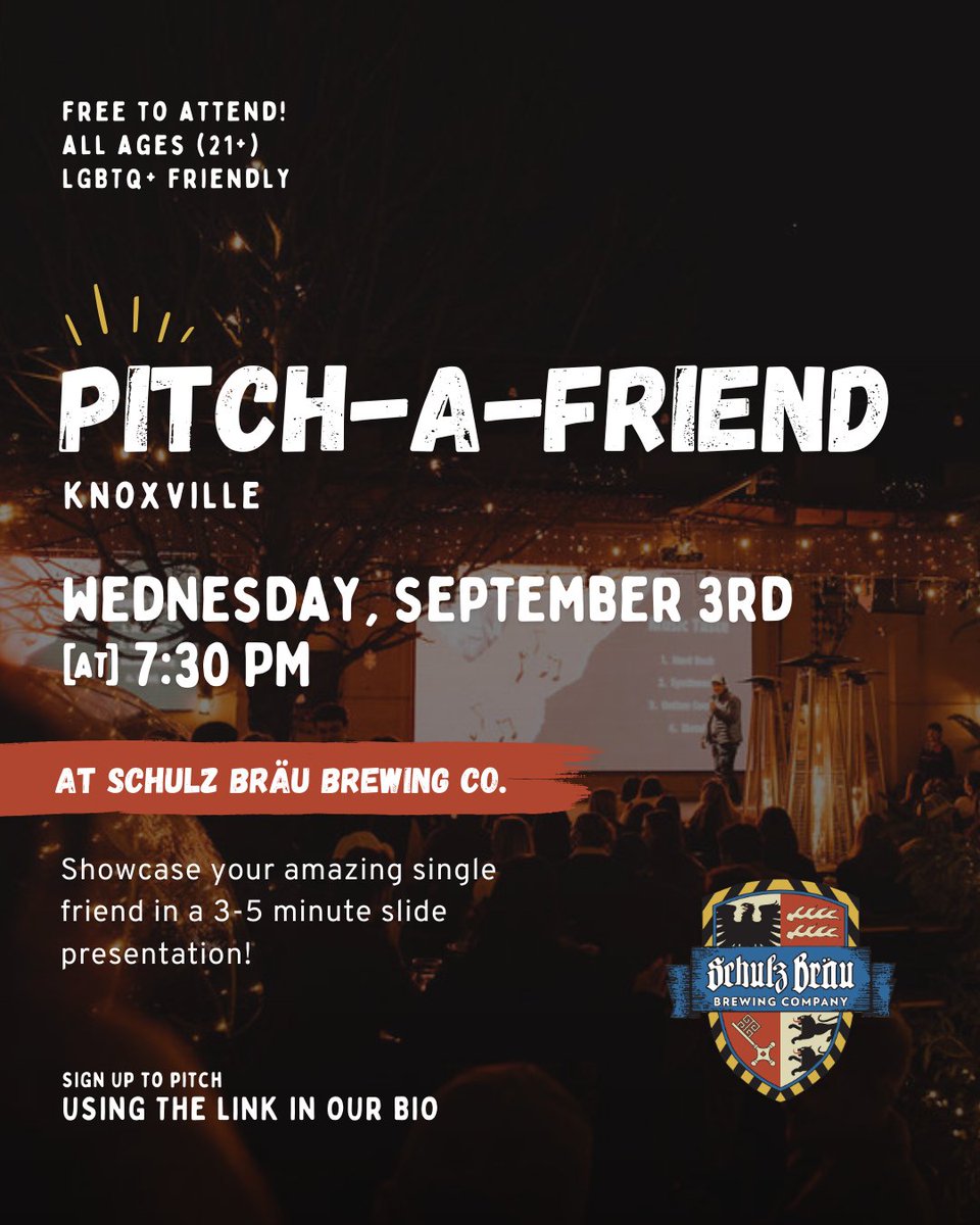 The countdown is on to our 3rd Pitch-A-Friend happening September 3rd!! Mark your calendars and sign up to pitch at  pitch-a-friend.com/knoxville/sign…