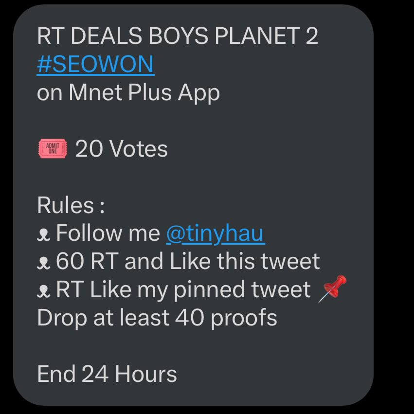 itdelly's tweet photo. RT DEALS BOYS PLANET 2 #SEOWON
on Mnet Plus App
๐ 20 Votes
Rules :
แดฅ Follow me @tinyhau
แดฅ 60 RT and Like this tweet
แดฅ RT Like my pinned tweet ๐
Drop at least 40 proofs
End 24 Hours https://t.co/Ap9wdpMi0L