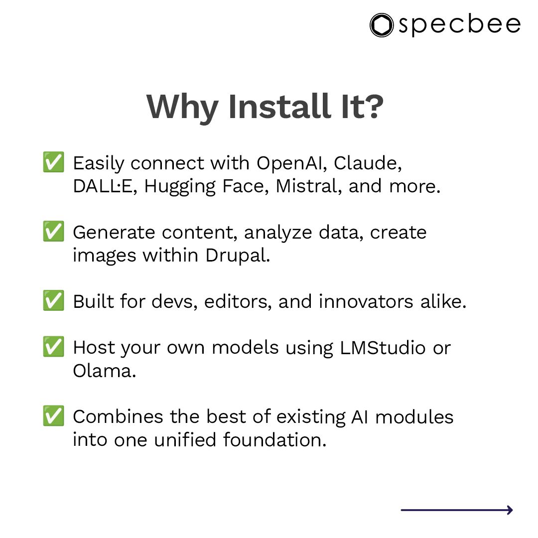 specbee's tweet image. In today’s Module Monday, we’ll talk about the #Drupal AI module.

#ModuleMonday #MondaysForLearning #ArtificialIntelligence #AI #DrupalDevelopment