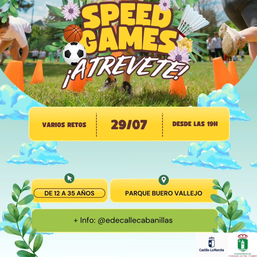 📌 ESTE VIERNES, "SPEED GAMES" EN EL VERANO JOVEN

⚽ Actividad Joven: Speed Games. De 12 a 35 años.
📆 Viernes 29 de agosto
🕖 19:00 h
🌳 Parque Buero Vallejo
#CabanillasSeMueve 
#CabanillasJoven 

aytocabanillas.org/eventos/verano…
