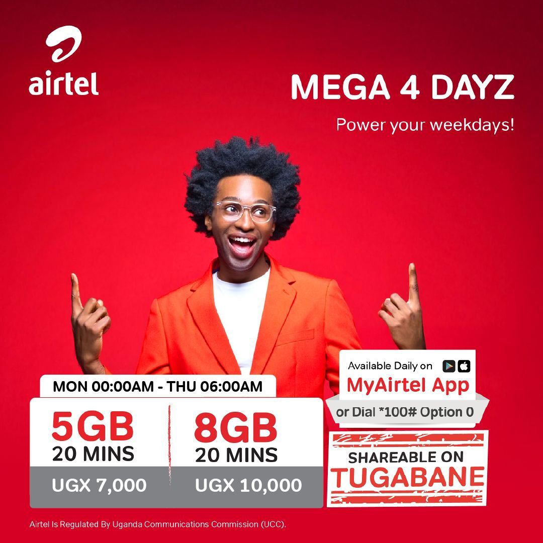 Make your Monday sorted with <a href="/Airtel_Ug/">Airtel Uganda</a> bundles that last for 4 days . Stay online without being scared , shareable on tugabane with friends .
#Mega4Dayzz