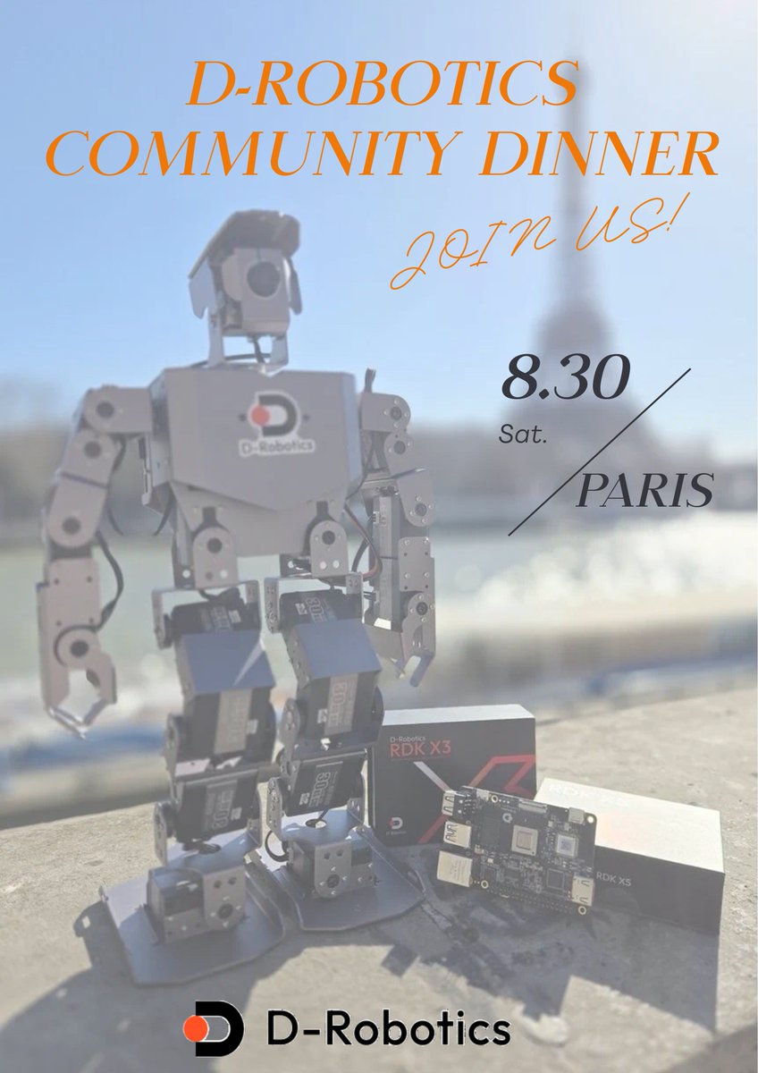 DRoboticsDev's tweet image. Paris bound on 8/30! We’re rounding up our European robotics crew for a dinner all about robot development—and 1 attendee gets an RDK X3 dev kit! Chat trends, collab ideas, and compete for the kit. If you’re in Paris (or can swing by), hit us up. Dinner locks once we hit 10…
