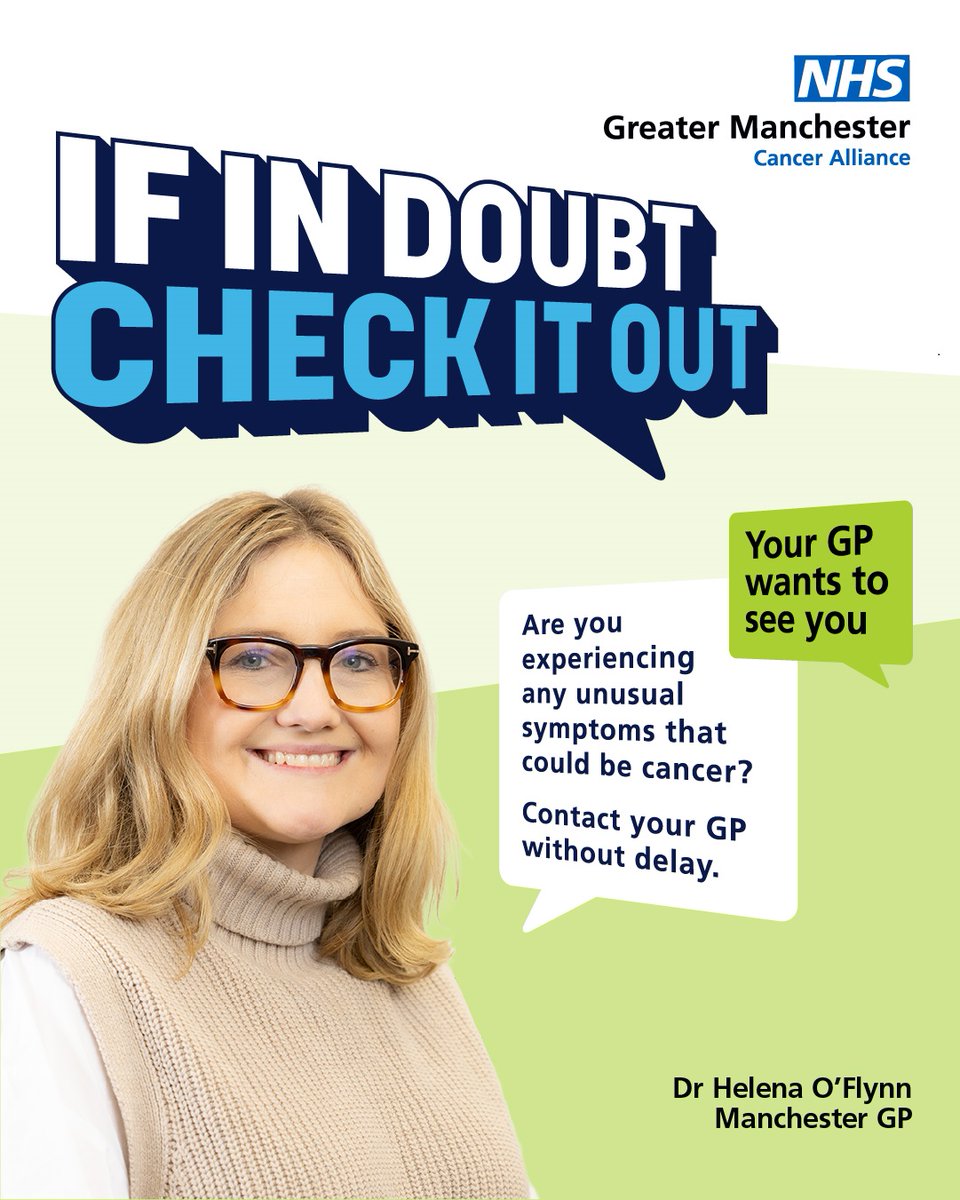 Are you experiencing any unusual symptoms that could be cancer? Chances are your symptoms aren’t cancer – but if they are - the sooner we find cancer, the easier it is to treat. Don’t delay – contact your GP today. 
#GMFindCancerEarly