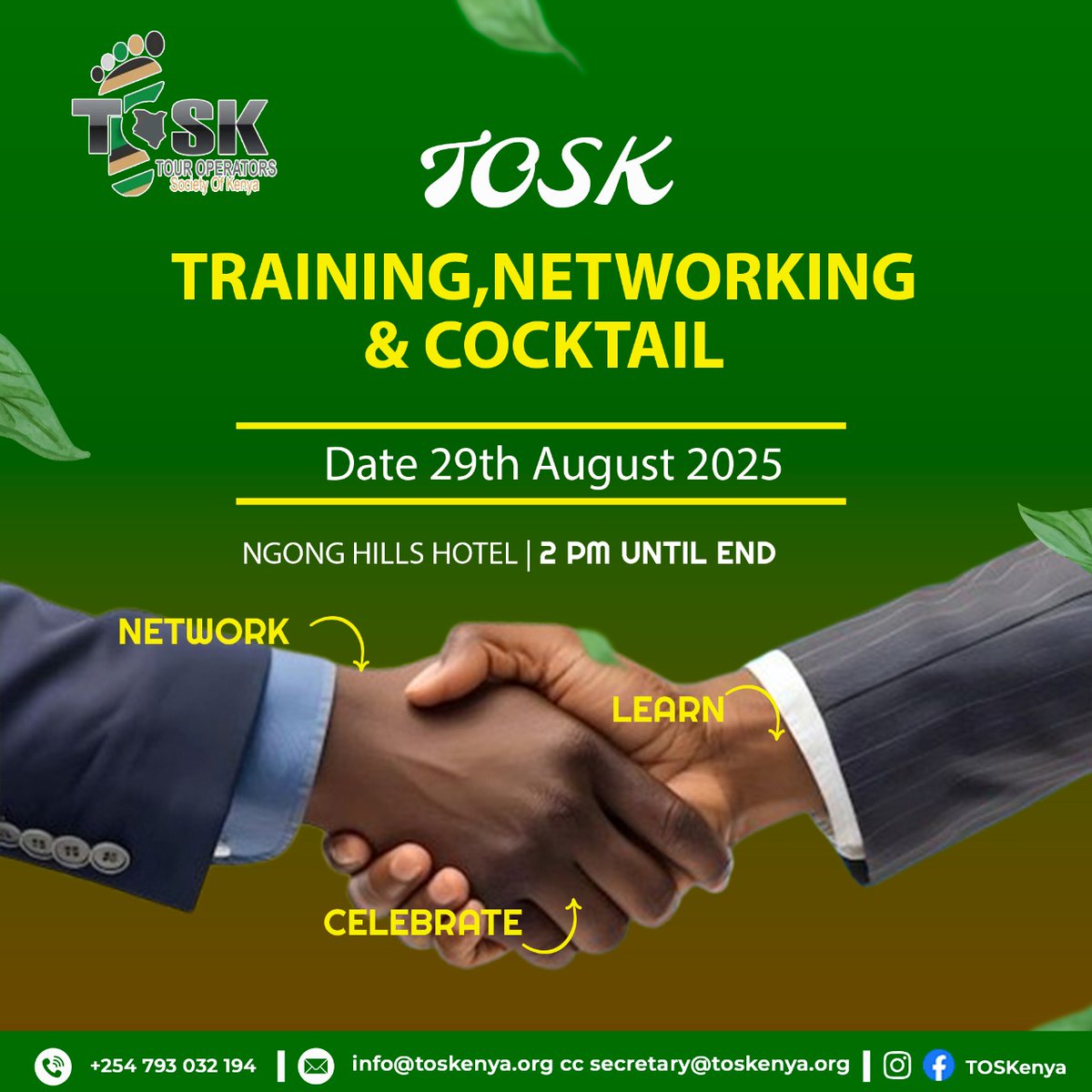 ToskKenya's tweet image. Have you RSVP’d for our upcoming TOSK Training, Networking &amp;amp; Cocktail Event? Happening this Friday, 29th August 2025, from 2:00 PM at Ngong Hills Hotel for an afternoon of learning, sharing, networking and meaningful connections with fellow members

#tosksettingthepace