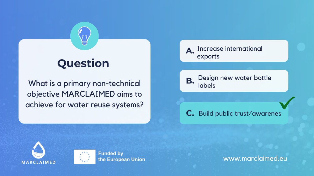 The results of our #SummerQuiz poll are in &amp; it was unanimous!

💯You voted 100% 'building public trust'. This is the 💙 of our mission: combining advanced tech (MAR &amp; AWR) with social acceptance to ensure #water sustainability.

Learn more👉 marclaimed.eu/at-a-glance/