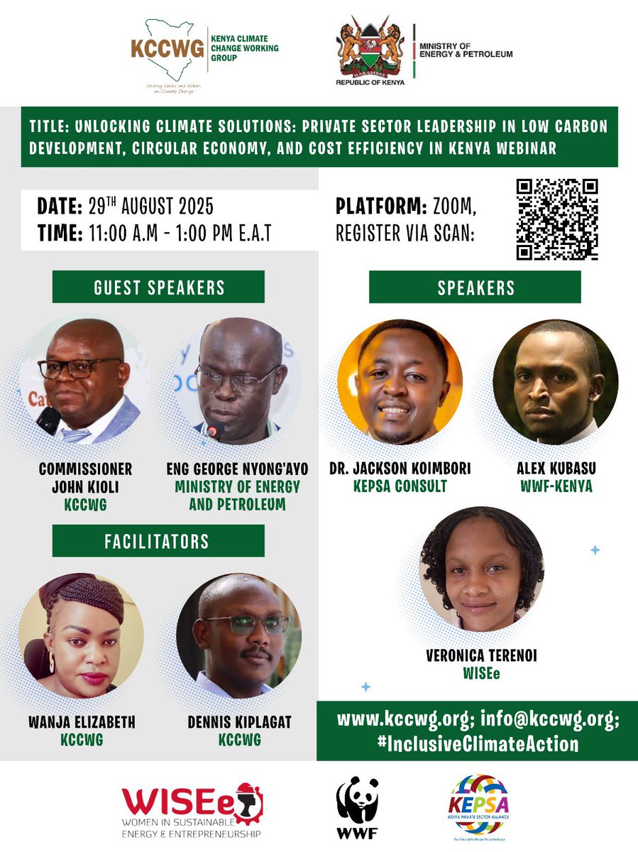 Unlocking Climate Solutions!

Join us this Friday 29th Aug, 11am -1pm  EAT for a powerful conversation on:

- Private sector leadership in low-carbon development
-Circular economy &amp; cost efficiency
-Driving Kenya’s green future

us06web.zoom.us/j/81050201478?…

#InclusiveClimateAction