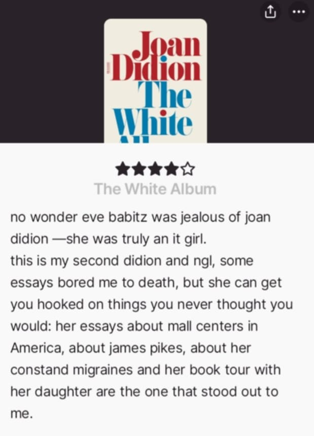 samahcanread's tweet photo. the white album, joan didion
★★★★★ https://t.co/nKDbGYwQdk