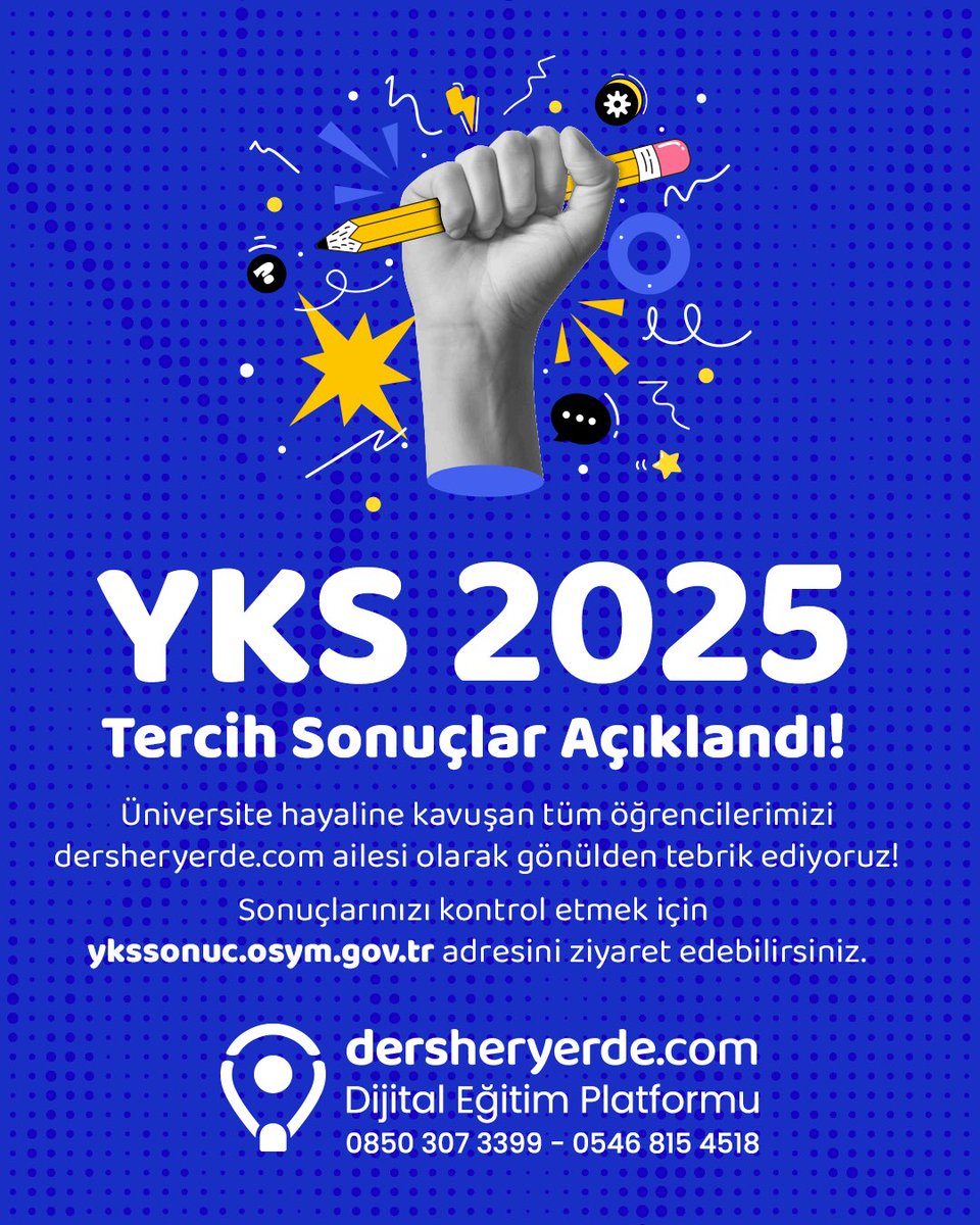 🎉 YKS 2025 Tercih Sonuçları Açıklandı! 🎉
Hayallerine kavuşan tüm öğrencilerimizi gönülden tebrik ediyoruz. 💙
Sonuçlar için 👉 ykssonuc.osym.gov.tr

#YKS2025 #Üniversite #dersheryerde