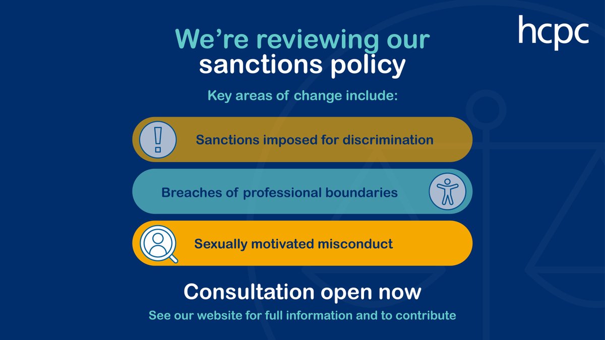 ⏳ One week left to respond to our sanctions policy consultation, closing 1 Sept 2025!

We’re proposing changes in areas like sexual misconduct, to help panels consider aspects of motivation.

Feedback welcome: hcpc-uk.org/sanctions-poli…

#HCPCconsultation